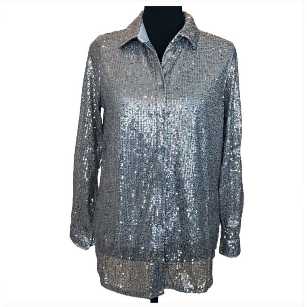 NY Collection Silver Sequin Blouse - Picture 4 of 9